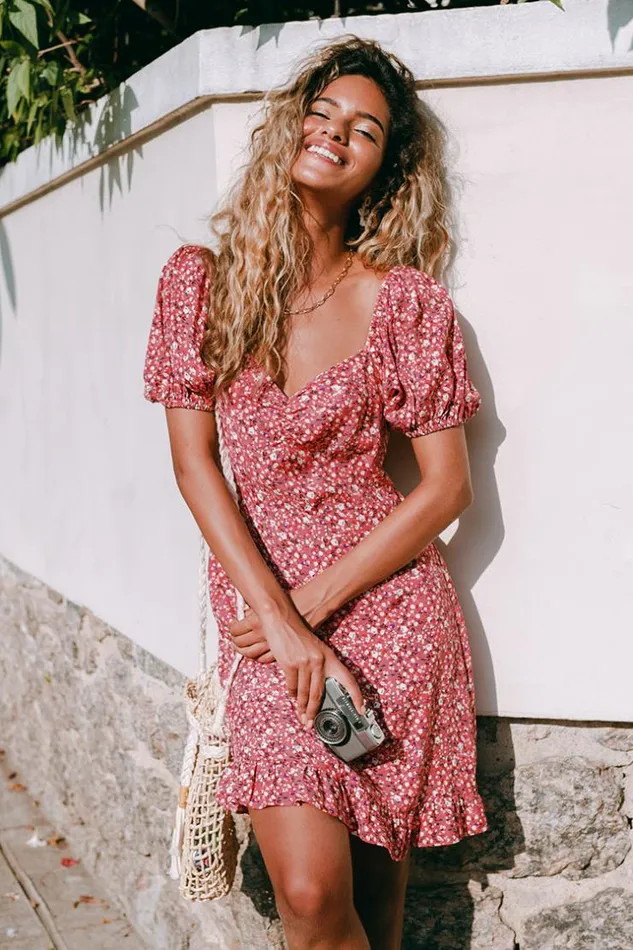 Women Short Dresses Cupshe Alianna Red Ditsy Puff Sleeve Dress Red