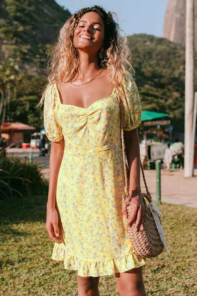 Women Short Dresses Cupshe Alianna Yellow Ditsy Puff Sleeve Dress Yellow