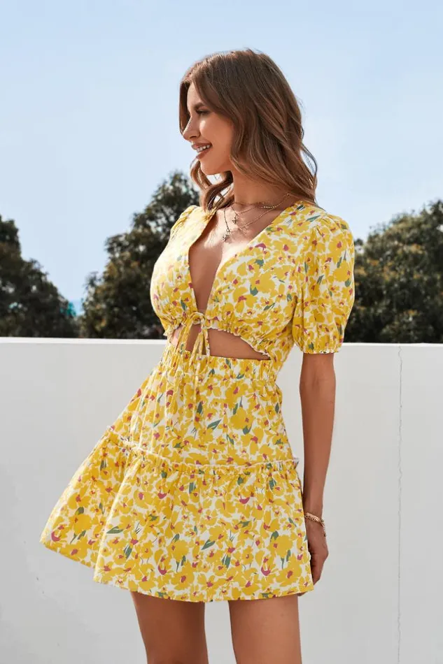 Women Short Dresses Cupshe Althea Lace Up Fitted Waisted Ruffle Dress Multicolor