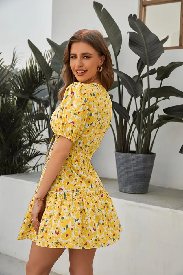 Women Short Dresses Cupshe Althea Lace Up Fitted Waisted Ruffle Dress Multicolor
