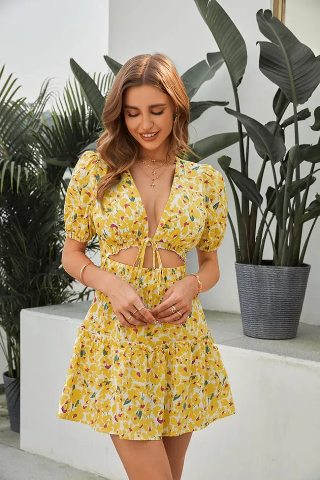 Women Short Dresses Cupshe Althea Lace Up Fitted Waisted Ruffle Dress Multicolor