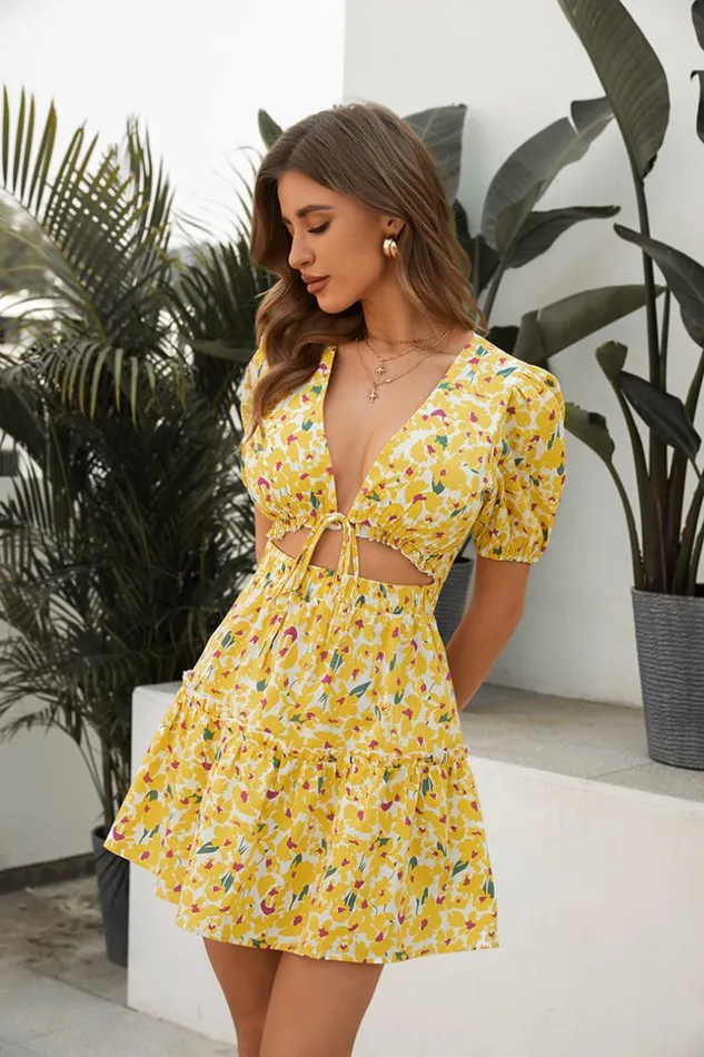 Women Short Dresses Cupshe Althea Lace Up Fitted Waisted Ruffle Dress Multicolor