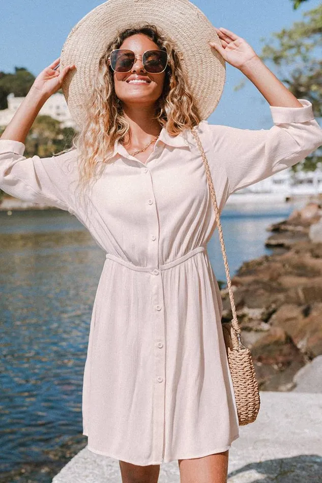 Women Short Dresses Cupshe Donna Shirt Collar Elastic Waist Dress Ivory