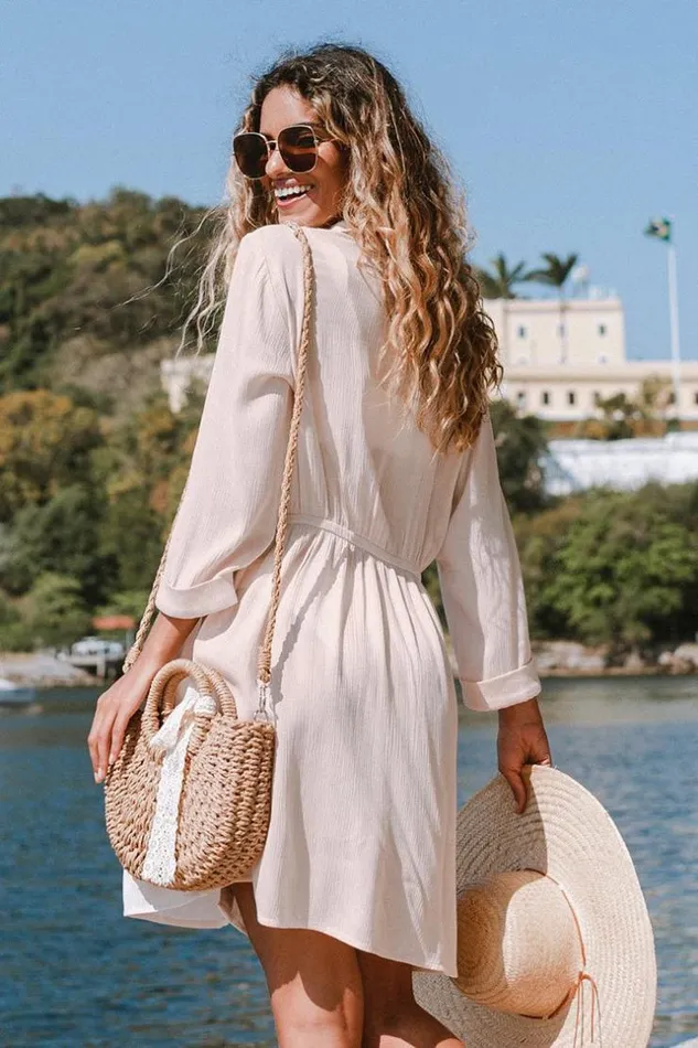 Women Short Dresses Cupshe Donna Shirt Collar Elastic Waist Dress Ivory