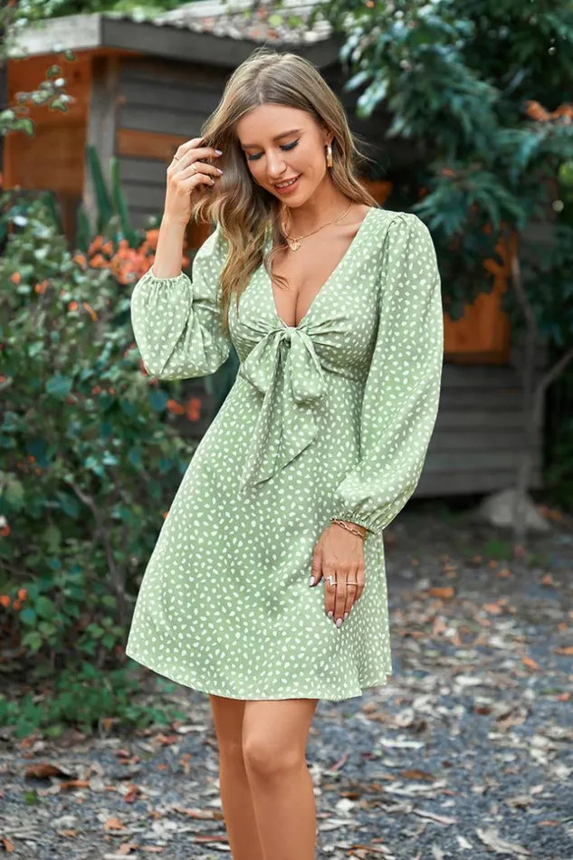 Women Short Dresses Cupshe Honopu Vneck Bubble Sleeve Dress Green