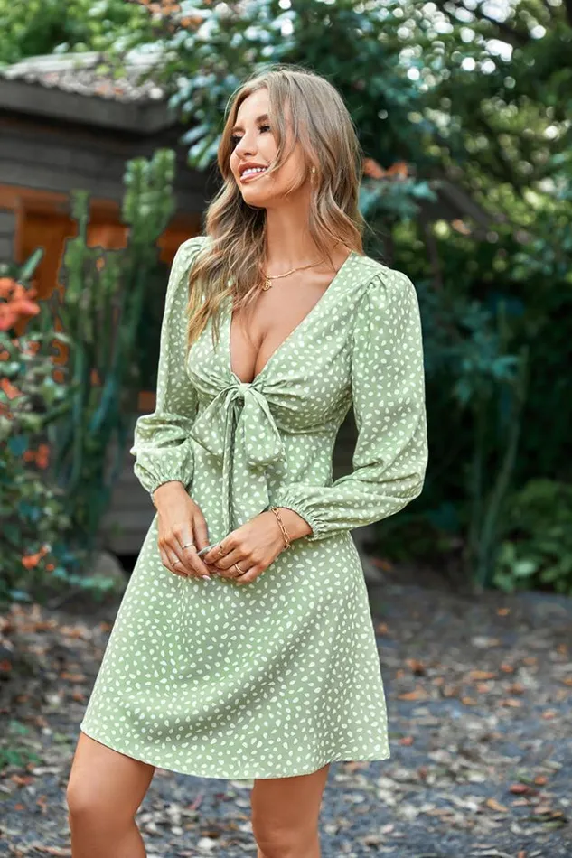 Women Short Dresses Cupshe Honopu Vneck Bubble Sleeve Dress Green