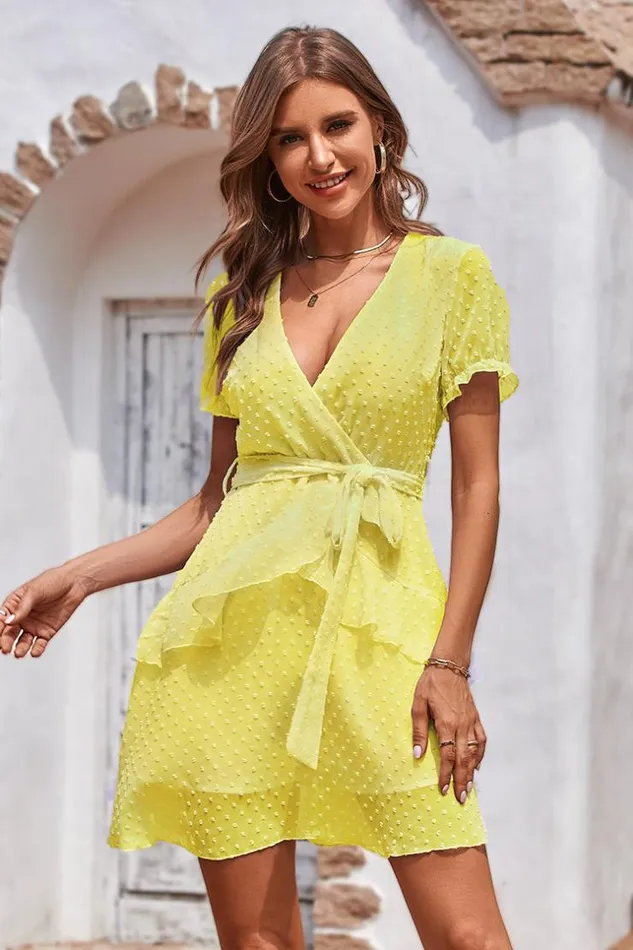 Women Short Dresses Cupshe Kee Beach White Vneck Ruffle AShape Dress Yellow
