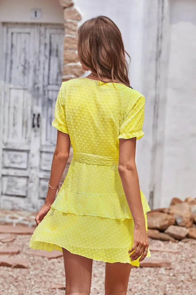 Women Short Dresses Cupshe Kee Beach White Vneck Ruffle AShape Dress Yellow