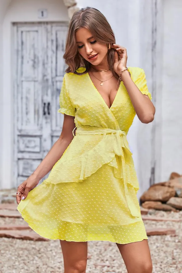 Women Short Dresses Cupshe Kee Beach White Vneck Ruffle AShape Dress Yellow