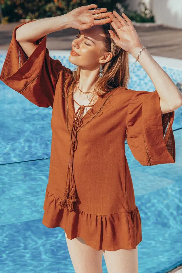 Women Short Dresses Cupshe Lilah Cut Out Fringe AShape Dress Brown