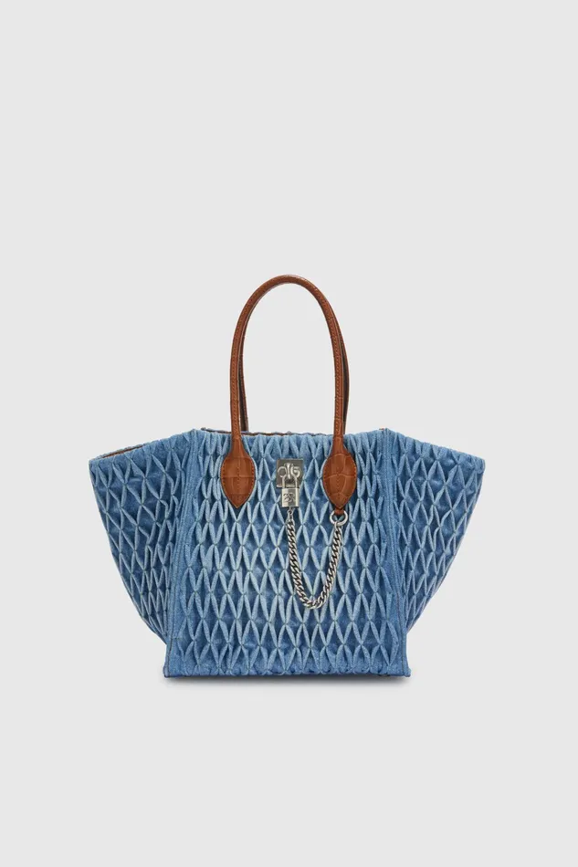 Women Shoulder Bags Ermanno Scervino Maggie Media In Denim With Handmade Smock Stitch Work Blue Denim Women Shoulder Bags Ermanno Scervino Maggie Media In Denim With Handmade Smock Stitch Work Blue Denim