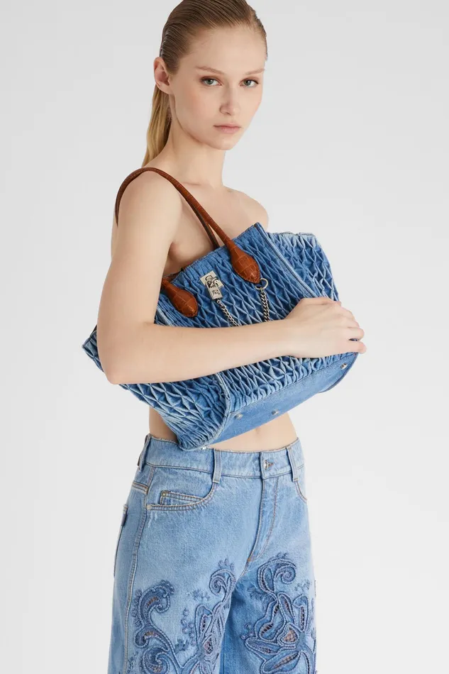 Women Shoulder Bags Ermanno Scervino Maggie Media In Denim With Handmade Smock Stitch Work Blue Denim
