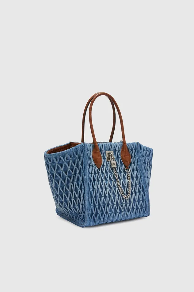 Women Shoulder Bags Ermanno Scervino Maggie Media In Denim With Handmade Smock Stitch Work Blue Denim