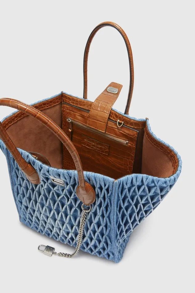 Women Shoulder Bags Ermanno Scervino Maggie Media In Denim With Handmade Smock Stitch Work Blue Denim