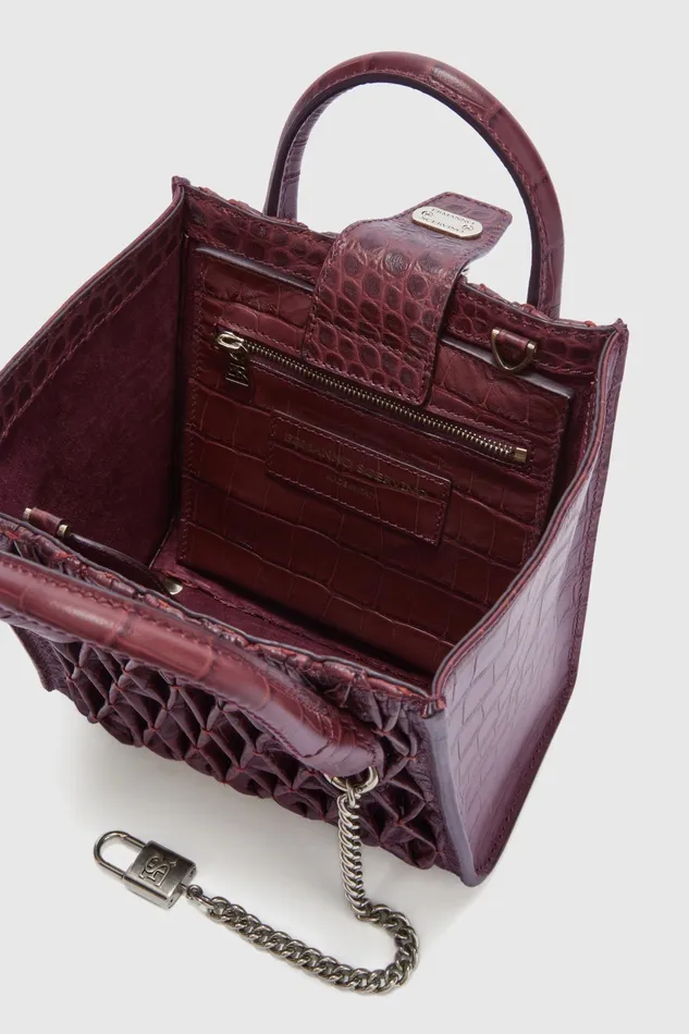 Women Shoulder Bags Ermanno Scervino Mini Maggie In Crocodile Print Lamb And Handmade Smock Stitching Bordeaux