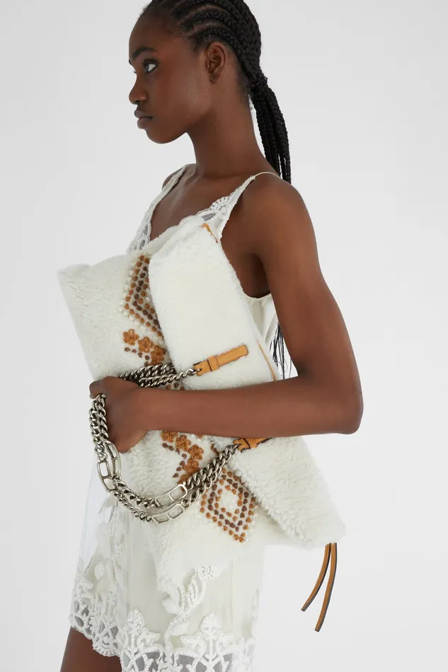 Women Shoulder Bags Ermanno Scervino Shearling Pillow Bag With Handmade Embroidery