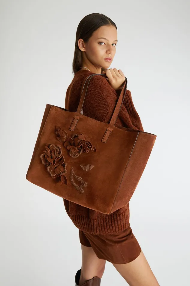 Women Shoulder Bags Ermanno Scervino Suede Shopping Bag With Handmade Flowers And Embroidery