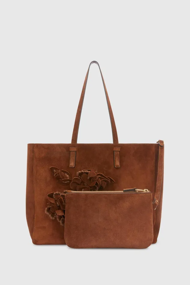 Women Shoulder Bags Ermanno Scervino Suede Shopping Bag With Handmade Flowers And Embroidery