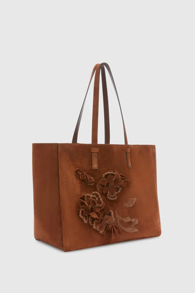 Women Shoulder Bags Ermanno Scervino Suede Shopping Bag With Handmade Flowers And Embroidery