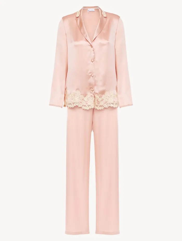 Women Silk Sleepwear La Perla Pink Silk Long Pajamas With Frastaglio