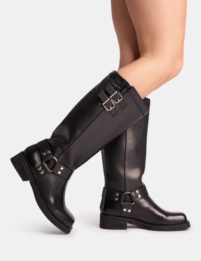 Women Sirius Black Vintage Buckle Knee Hight Flat Boots Black Public Desire Knee High Boots