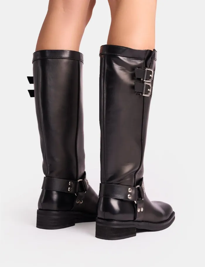 Women Sirius Black Vintage Buckle Knee Hight Flat Boots Black Public Desire Knee High Boots