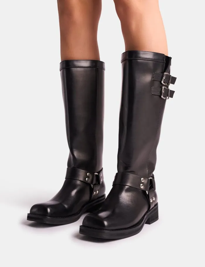 Women Sirius Black Vintage Buckle Knee Hight Flat Boots Black Public Desire Knee High Boots