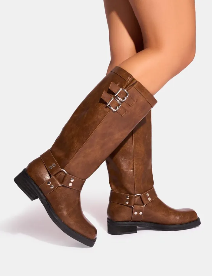 Women Sirius Tan Vintage Buckle Knee Hight Flat Boots Tan Public Desire Knee High Boots