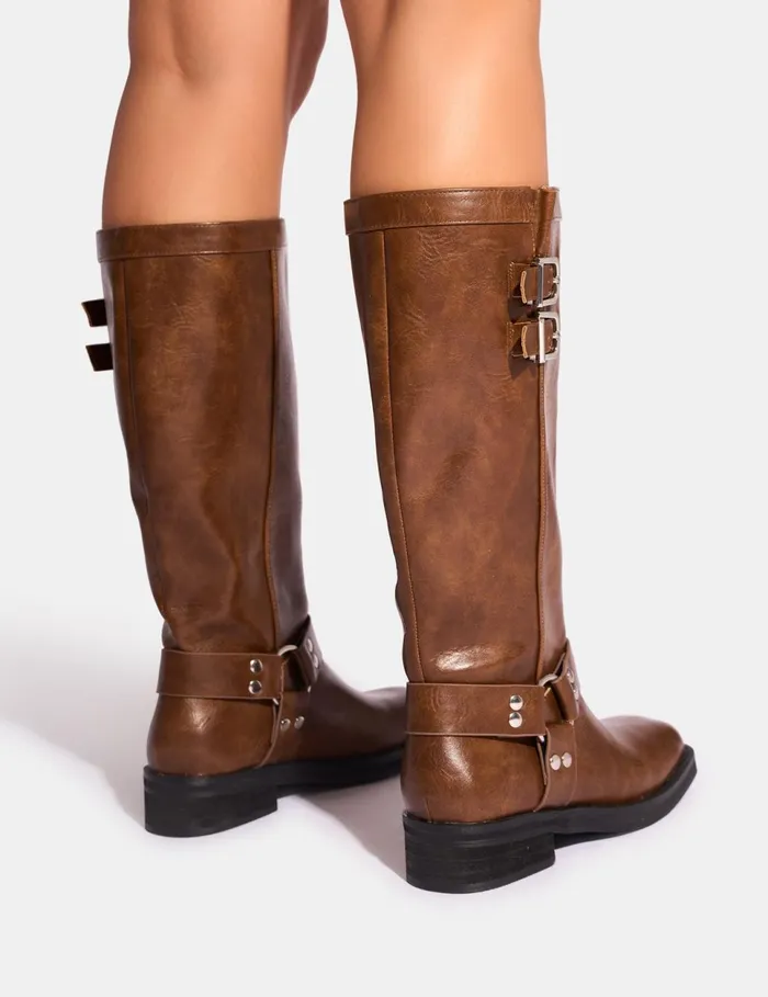 Women Sirius Tan Vintage Buckle Knee Hight Flat Boots Tan Public Desire Knee High Boots