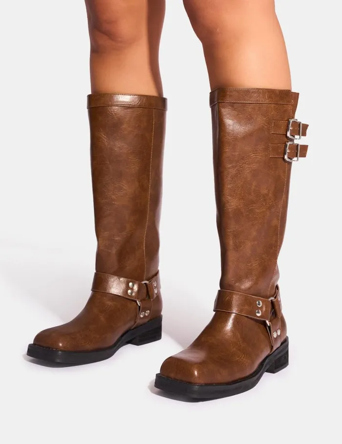 Women Sirius Tan Vintage Buckle Knee Hight Flat Boots Tan Public Desire Knee High Boots