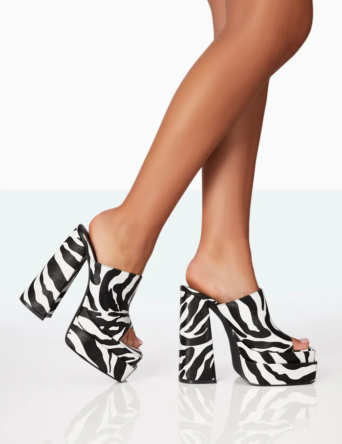Women Skyhigh Zebra Grain Chunky Platform High Heeled Mules Monochrome Public Desire Heeled Mules
