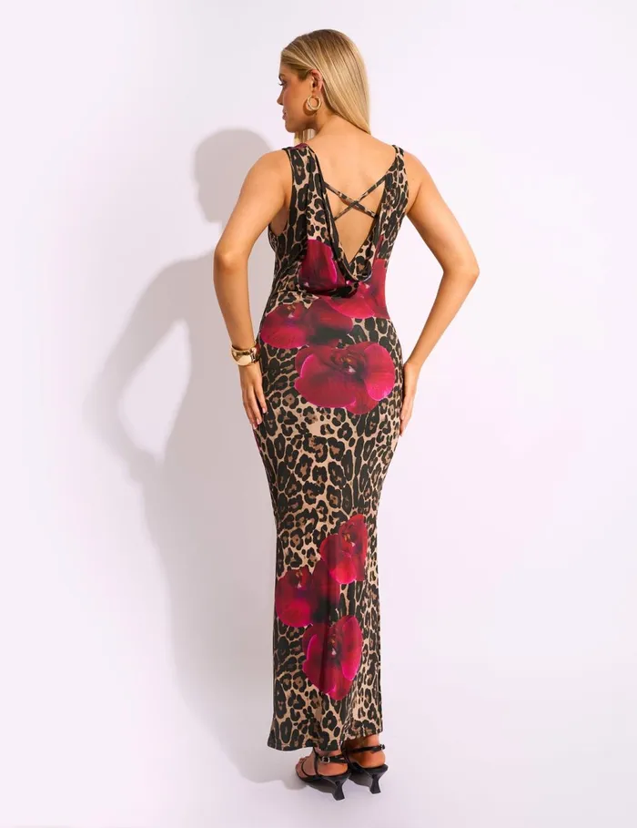 Women Slinky Cowl Neck Floral Print Maxi Dress Leopard Leopard Public Desire Dresses