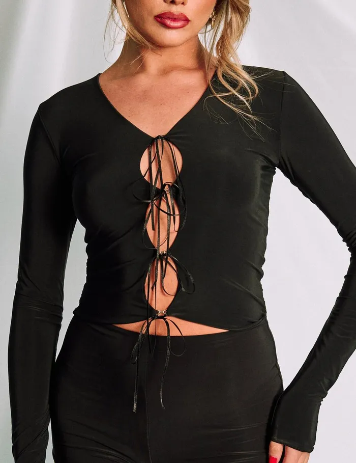 Women Slinky Cut Out Bow Detail Long Sleeve Top Black Black Public Desire Festival