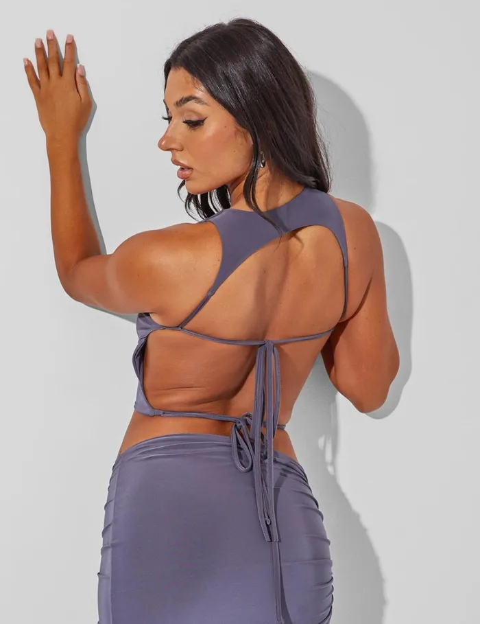 Women Slinky Open Back Tie Detail Crop Top Charcoal Grey Grey Public Desire Tops