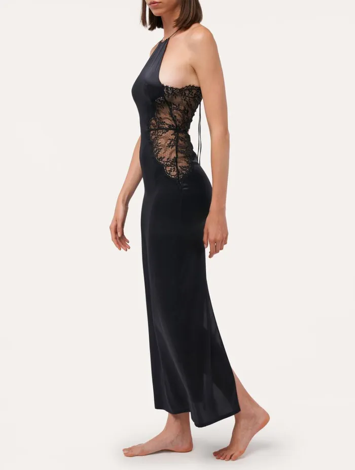 Women Slips and Dresses La Perla Black Silk Halterneck Nightdress With Leavers Lace Trim