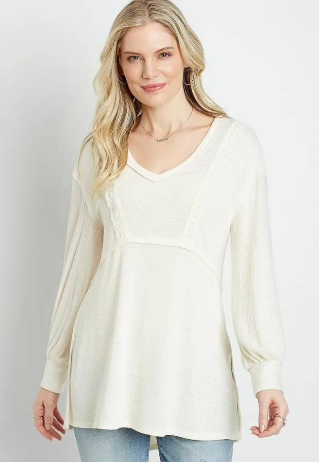 Women Solid Crochet Trim Blouson Sleeve Tunic Top Maurices Tops