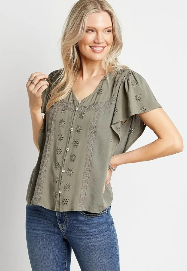 Women Solid Eyelet Lace Button Front Top Maurices Tops
