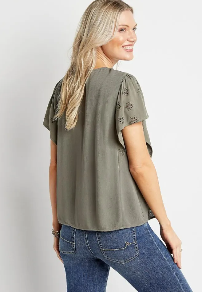 Women Solid Eyelet Lace Button Front Top Maurices Tops