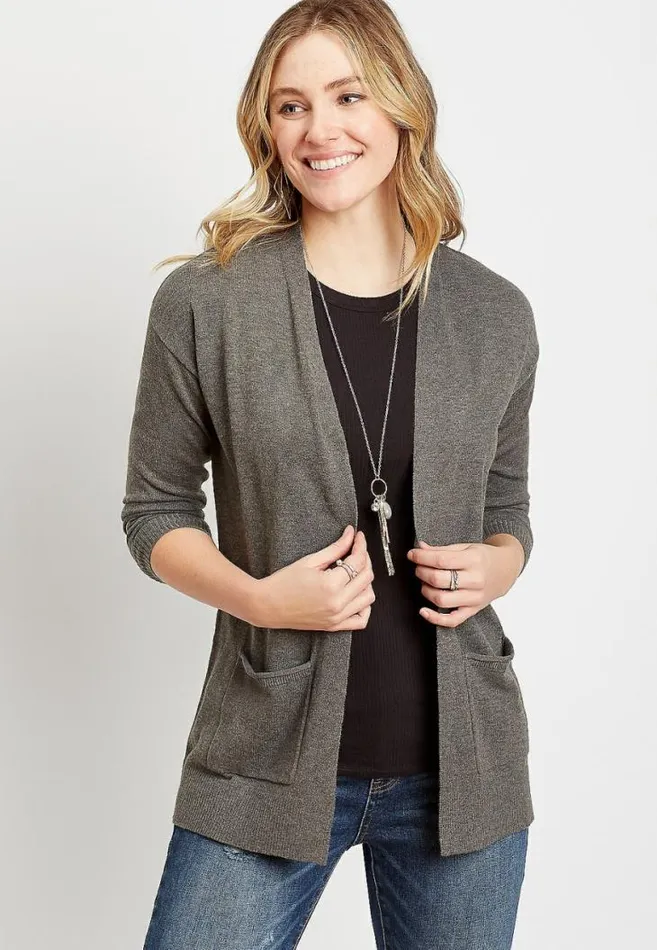 Women Solid Open Front Pocket Tunic Cardigan Maurices Tops