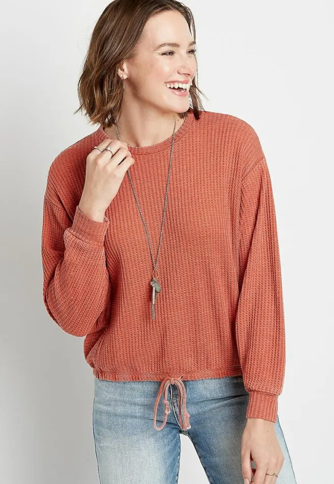 Women Solid Waffle Knit Tie Bottom Crew Neck Pullover Maurices Tops
