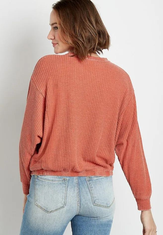 Women Solid Waffle Knit Tie Bottom Crew Neck Pullover Maurices Tops