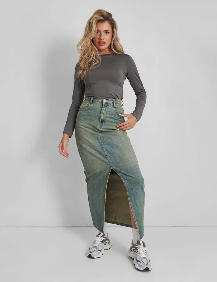 Women Split Front Denim Maxi Skirt Vintage Wash Blue Public Desire Skirts