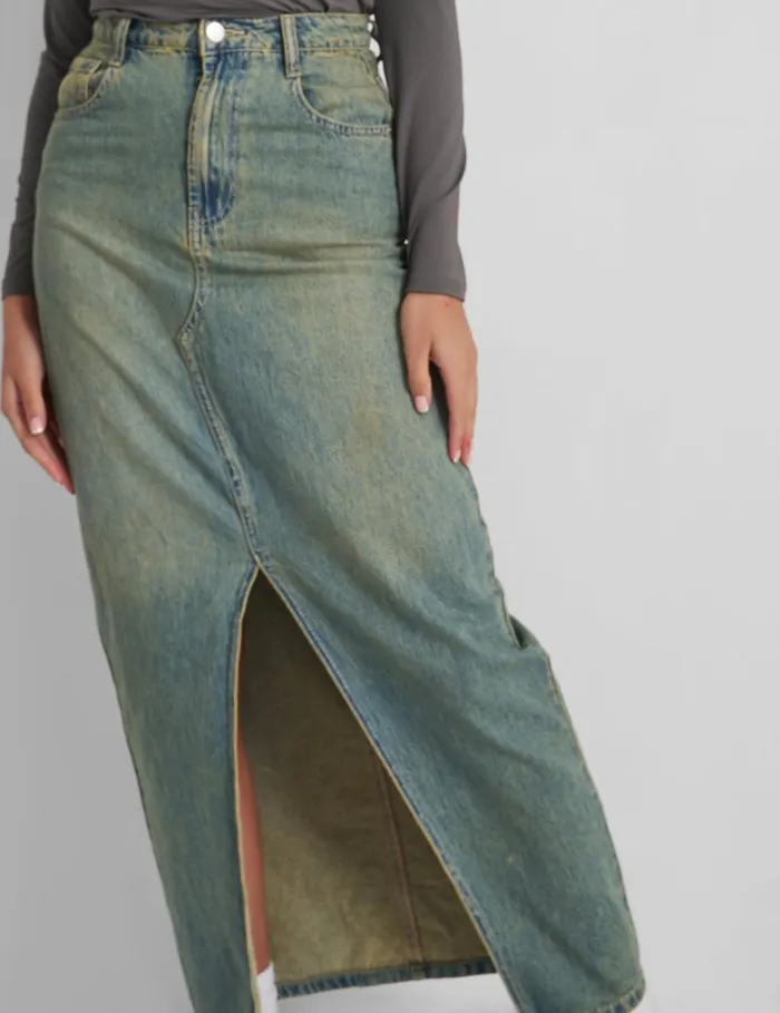 Women Split Front Denim Maxi Skirt Vintage Wash Blue Public Desire Skirts