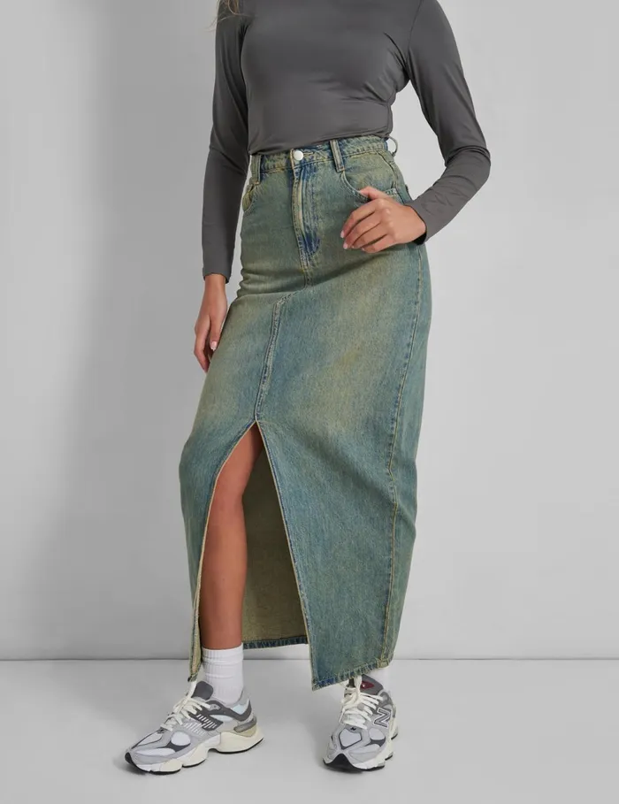 Women Split Front Denim Maxi Skirt Vintage Wash Blue Public Desire Skirts