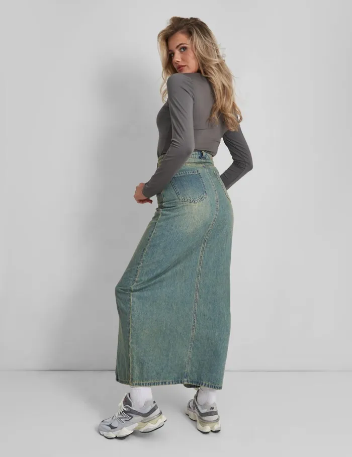 Women Split Front Denim Maxi Skirt Vintage Wash Blue Public Desire Skirts