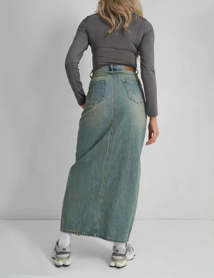 Women Split Front Denim Maxi Skirt Vintage Wash Blue Public Desire Skirts