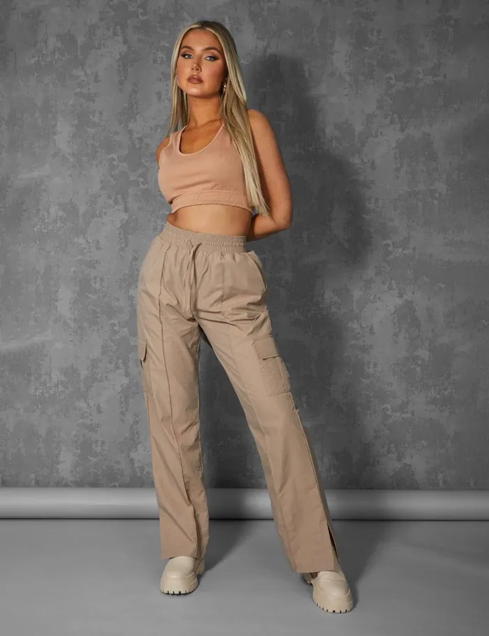 Women Split Hem Cargo Trousers Stone Kaiia Neutral Public Desire Trousers