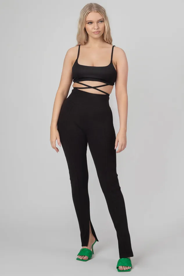 Women Split Hem Ribbed Leggings Black Kaiia Black Public Desire Trousers