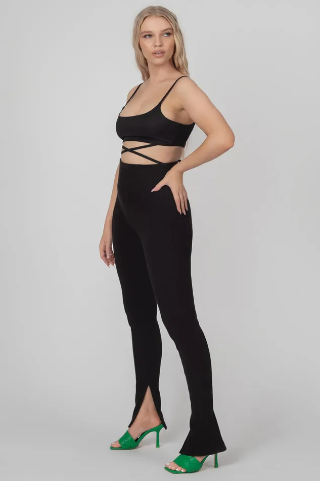 Women Split Hem Ribbed Leggings Black Kaiia Black Public Desire Trousers