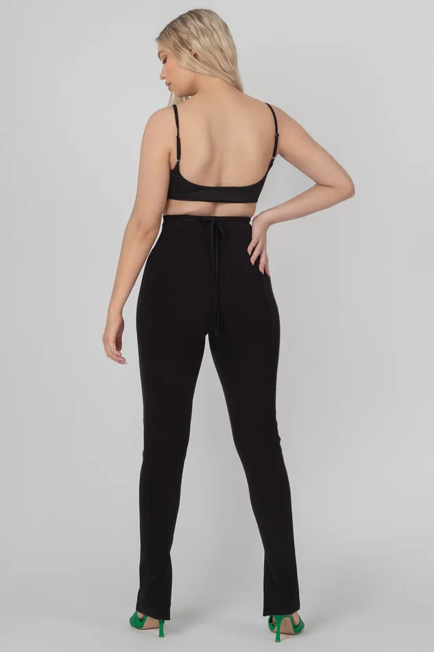 Women Split Hem Ribbed Leggings Black Kaiia Black Public Desire Trousers